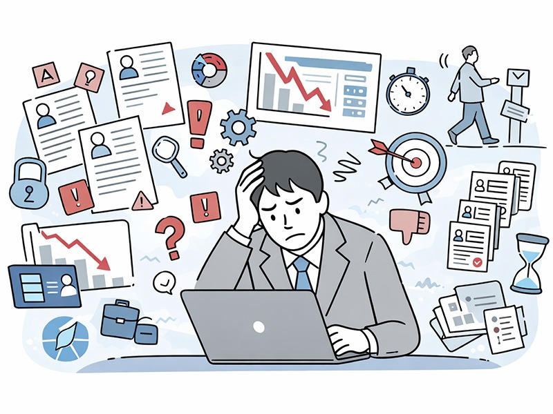 採用担当あるあるとして、業務の複雑さや成果責任の重さに悩み、きつい・辛い瞬間を感じる採用担当者の様子を表したイラスト