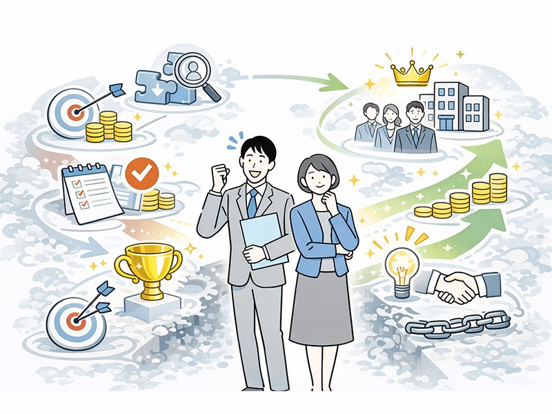 人材紹介会社が廃業や撤退に至る理由と、起業後に継続判断を迫られるプロセスを表したイメージイラスト