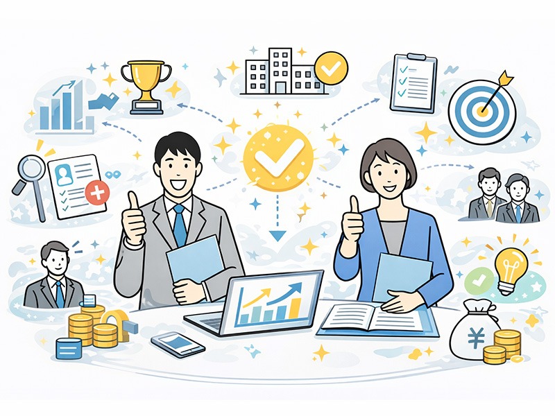 内定率が高い人材紹介会社の特徴を示すイメージ。候補者支援の深さや企業理解の正確さなど、成果につながる運用設計を表現したイラスト