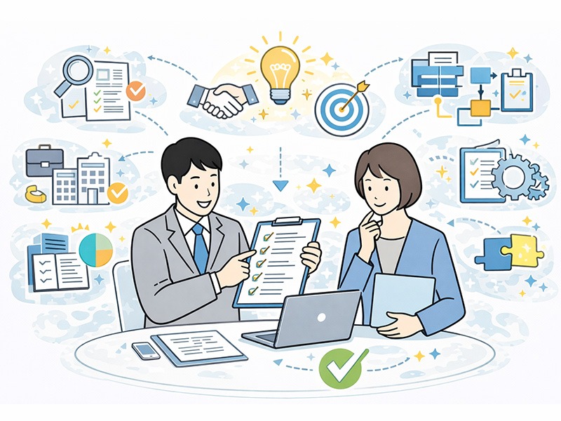 人材紹介会社が内定率を上げる方法を示すイメージ。推薦基準や運用フロー、候補者支援を見直し、内定率改善につなげるポイントを表現したイラスト