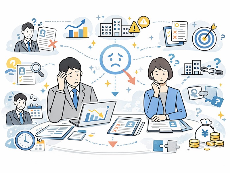 人材紹介会社の内定率が低い原因を整理したイメージ。面接通過率が伸びない理由やエージェント設計・企業認識ズレの課題を示すイラスト