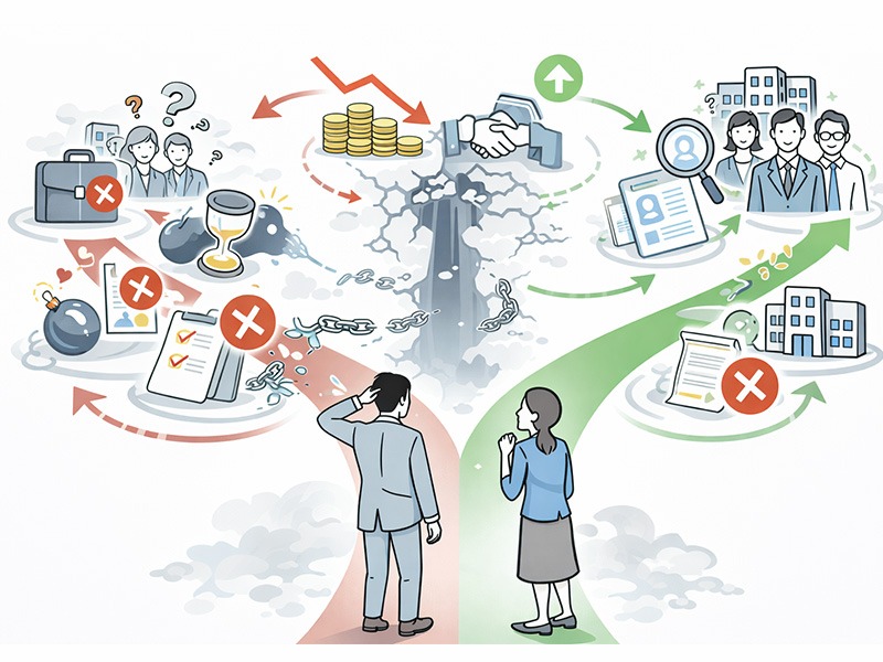 内定が出ない状態が続くことで人材紹介会社の事業が崩れていく構造と撤退リスクを示したイメージイラスト