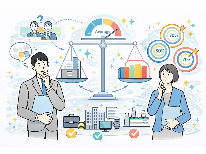 人材紹介会社の内定率平均と目安を示すイメージ。職種や企業ごとの違いを踏まえ、内定率を判断する基準を整理したイラスト