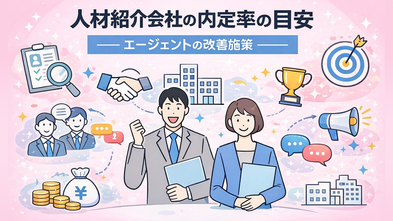 人材紹介会社の内定率の目安と、エージェントが実践すべき改善施策を解説するイメージイラスト