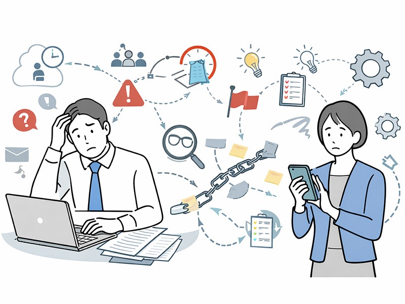 少人数で運営する人材紹介・有料職業紹介事業において、業務フローの優先順位が曖昧になり課題が発生しやすい構造を整理したイメージイラスト