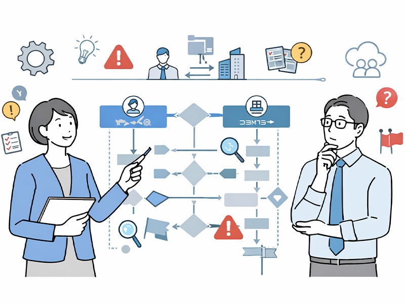 人材紹介・有料職業紹介事業の業務フローを整理し、候補者対応と企業対応の工程ごとの課題や判断ポイントを可視化したイメージイラスト