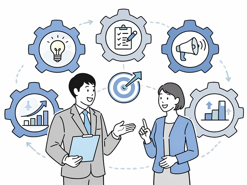 採用ブランディングの考え方を整理し、企業の価値観や採用方針を一貫して設計・共有する様子を表したイメージイラスト