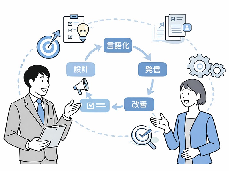 採用ブランディングをフレームワークとして整理し、設計から実行・改善までを体系的に考える様子を表したイメージイラスト