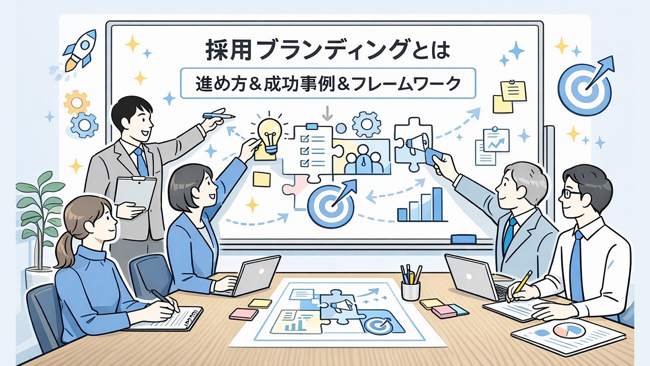 採用ブランディングとは何かをテーマに、進め方や成功事例、フレームワークを人事担当者が会議で設計しているイメージイラスト