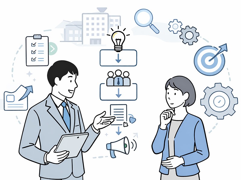 採用ブランディングの進め方を整理し、設計から発信までの流れを段階的に検討している様子を表したイメージイラスト