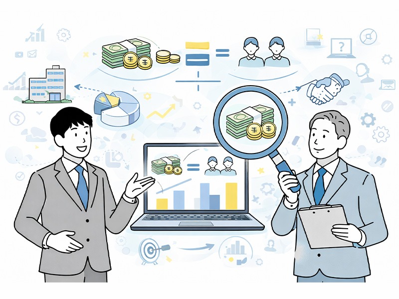 採用コストの計算方法を示すイメージ。中途採用・新卒採用における採用単価を、総採用費用と採用人数から算出し、内部コストと外部コストの内訳を整理している。