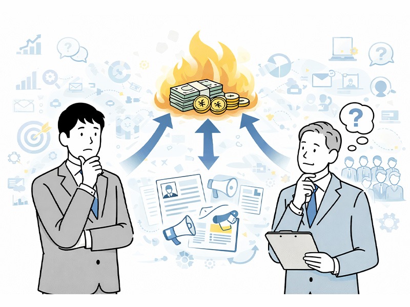 採用コストが高騰する原因を整理したイメージ。中途採用・新卒採用における採用単価が上昇する背景として、人材競争の激化や採用手法の多様化など複数要因を可視化している。