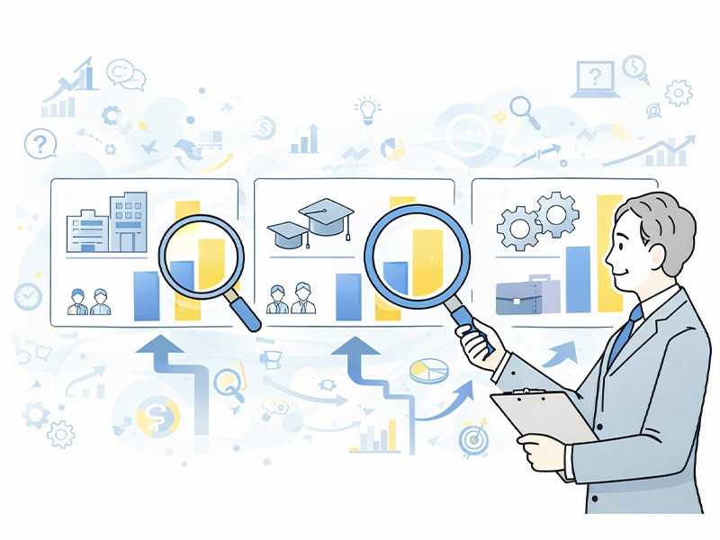 採用コストの平均相場を比較して把握するイメージ。中途採用・新卒採用における採用単価を、企業規模・業種・区分別に比較し、自社の採用費用水準を確認している。