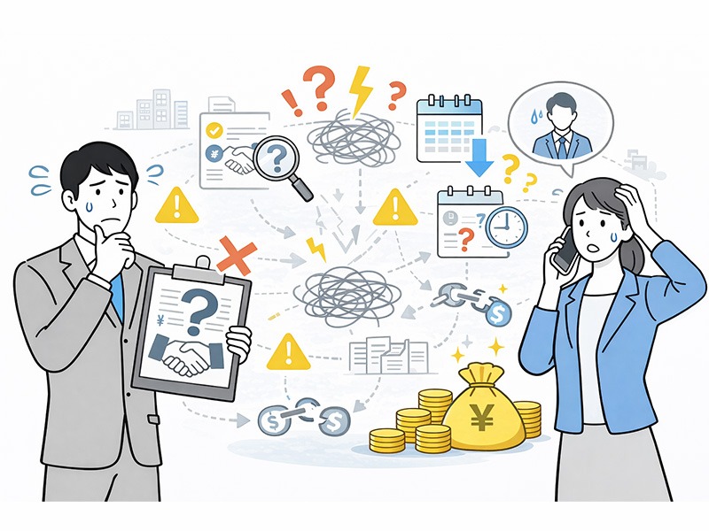 人材紹介会社の手数料トラブルが起きる原因と回避策を示すイラスト|契約内容の認識ズレによる人材紹介手数料トラブル