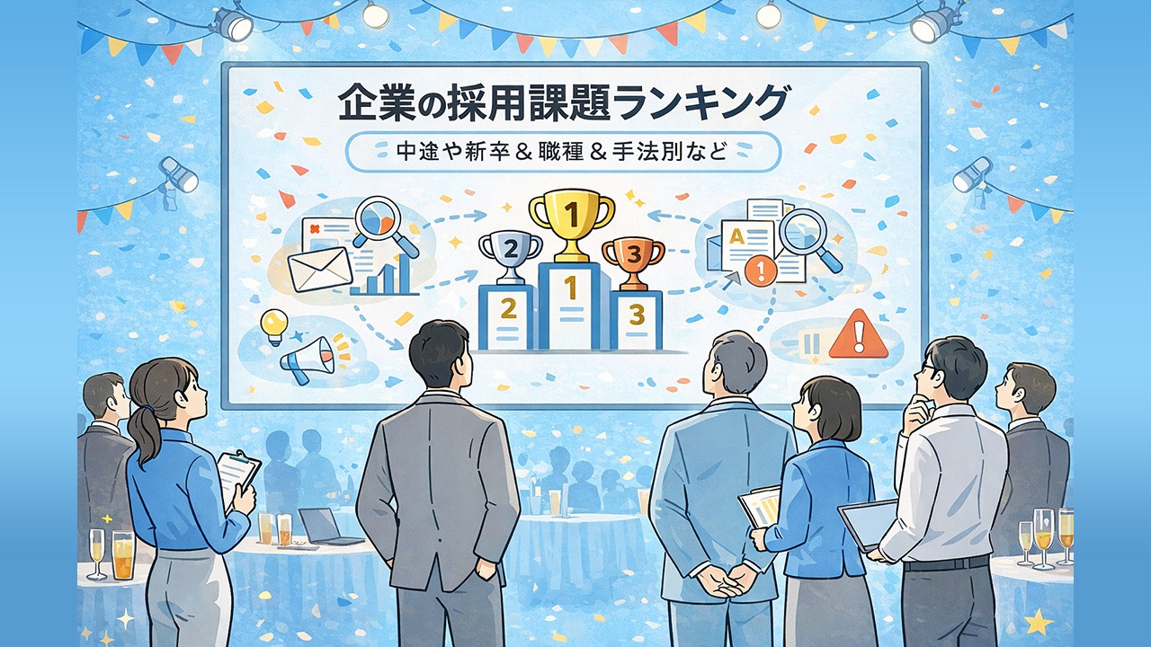 企業の採用課題をランキング形式で整理し、中途採用・新卒採用・職種別・手法別の課題を一覧で可視化した採用課題ランキングのイメージ