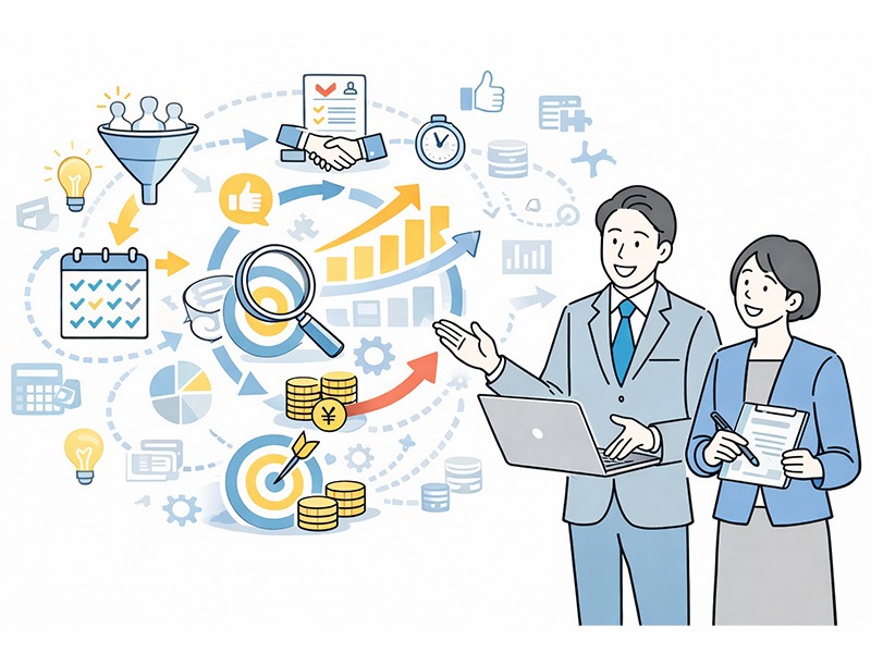 人材紹介会社のKPI設計と改善視点を、選考プロセス分解と成果最大化の流れで整理したイメージイラスト