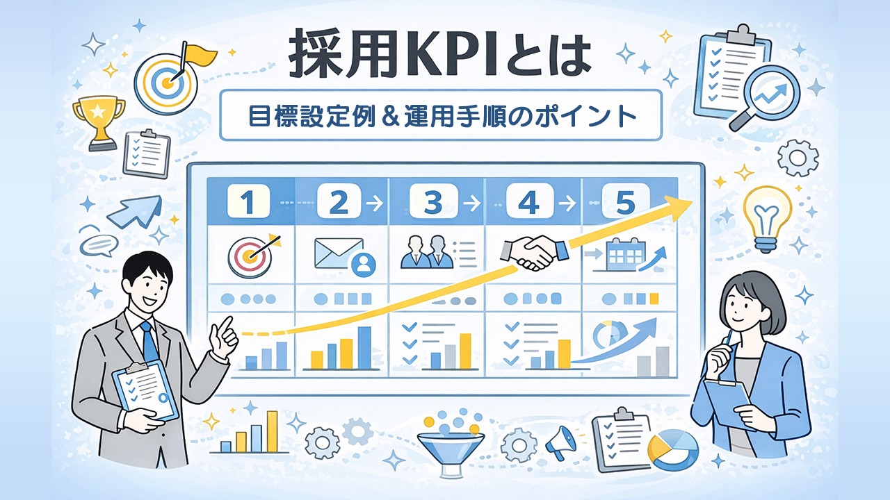 採用KPIとは何かを解説するイメージ。目標設定例と運用手順のポイントを、採用KPIのSTEP表とアイコンで視覚的に整理している。
