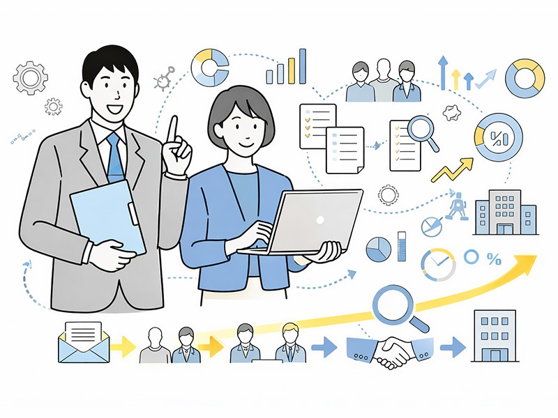 採用KPIとは何かを示すイメージ。応募から入社までの採用プロセスを数値で整理し、KPIとKGIの違いや指標管理の考え方を俯瞰している。