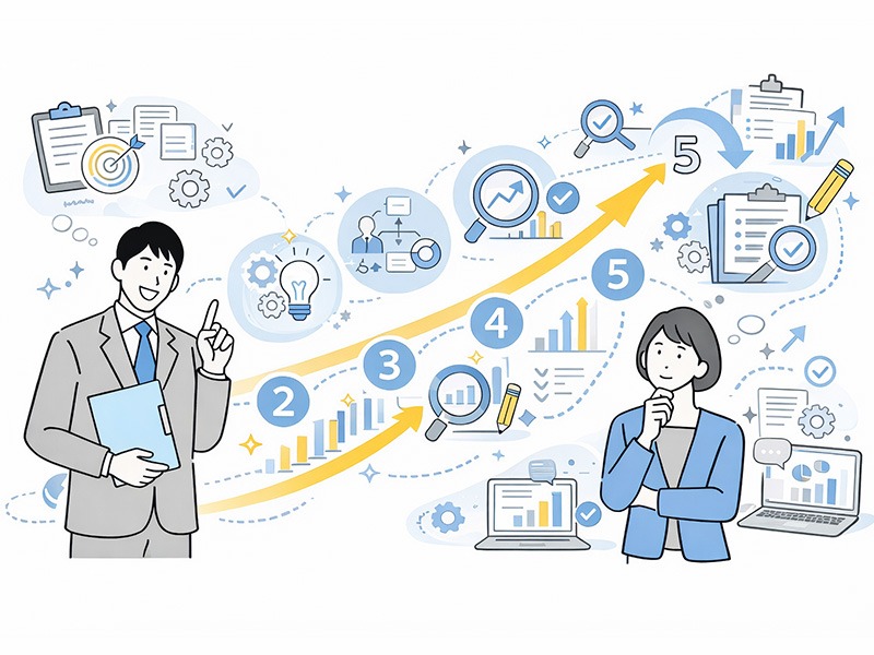 採用KPIの設定手順を表したイメージ。採用目的の整理からプロセス分解、指標選定、数値設定、運用改善までを段階的に進める採用KPI設計の流れを示している。