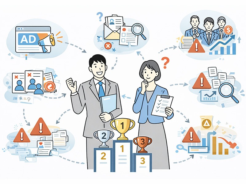 求人広告やスカウト、人材紹介など採用手法別に発生しやすい採用課題をランキング形式で整理したイメージ