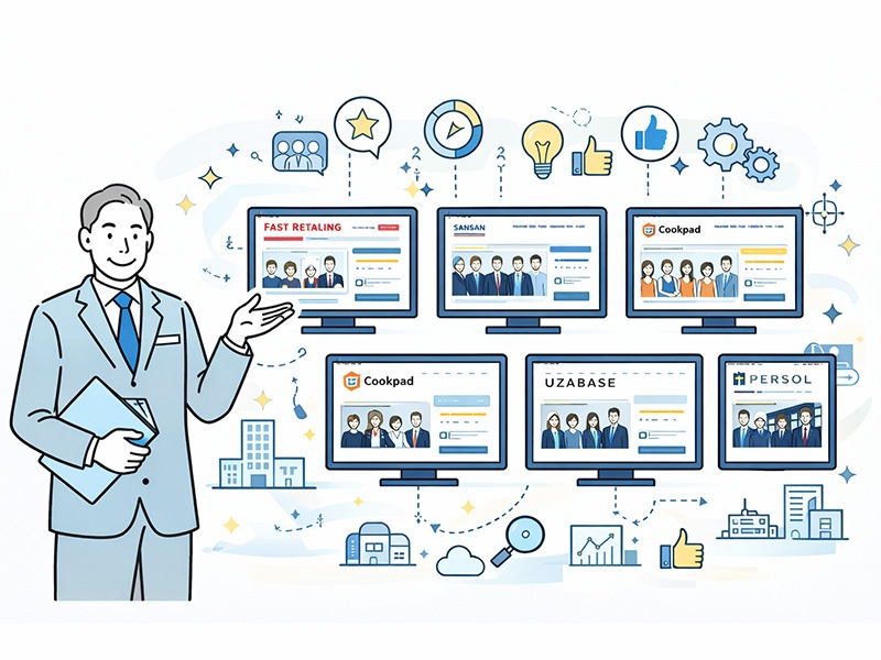 企業事例から学ぶ採用オウンドメディアのイメージ。複数の国内企業の採用オウンドメディアを比較し、構成や特徴、採用ブランディングへの活用ポイントを整理している様子を表現。