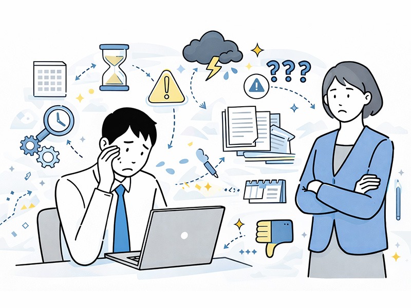 採用オウンドメディアのデメリットを表すイメージ。成果が出るまでに時間がかかる点や、運営・更新の負荷、社内体制づくりの必要性など、採用オウンドメディア導入時の課題を示している。