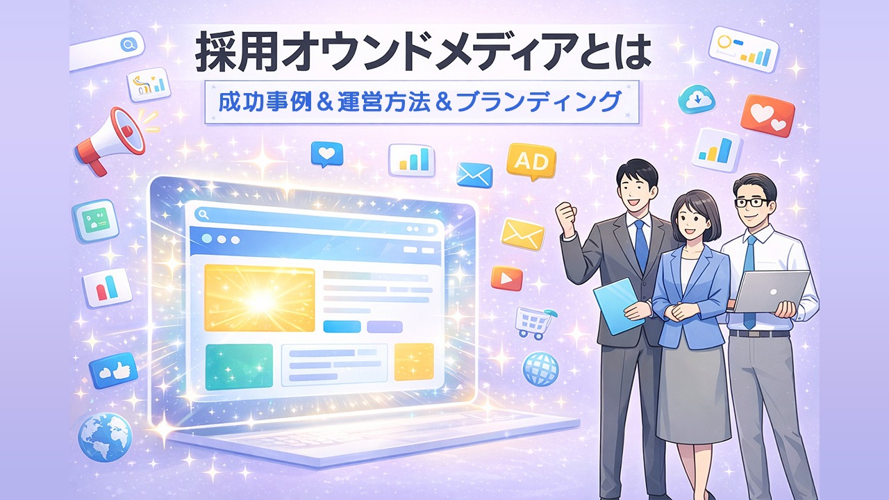 採用オウンドメディアとは何かを解説するイメージ。成功事例・運営方法・ブランディングの考え方を、光り輝くWEBサイトと人物イラストで表現している。