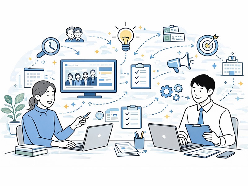 採用オウンドメディアの運営ステップを示すイメージ。採用サイトとの違いを整理しながら、媒体設計から運用までの流れを可視化し、採用オウンドメディア運営の全体像を表現している。