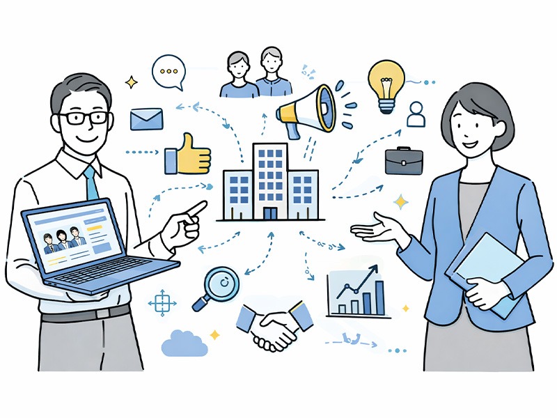 採用オウンドメディアとは何かを示すイメージ。企業が自社で運営する採用オウンドメディアを通じて、働き方やカルチャー、事業背景を発信し、採用ブランディングにつなげる仕組みを表現している。