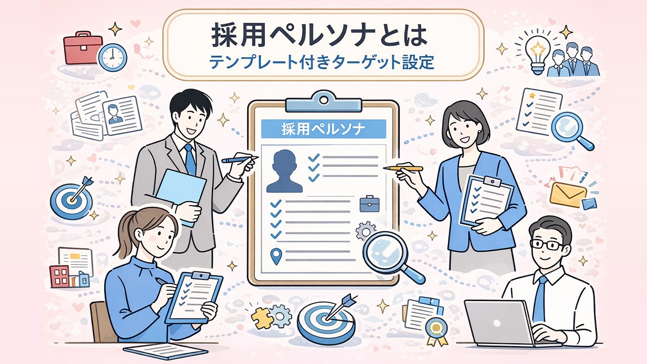 採用ペルソナとは何かをテーマに、テンプレートを使って中途採用・新卒採用のターゲット設定を行う人事担当者の様子を表したイラスト