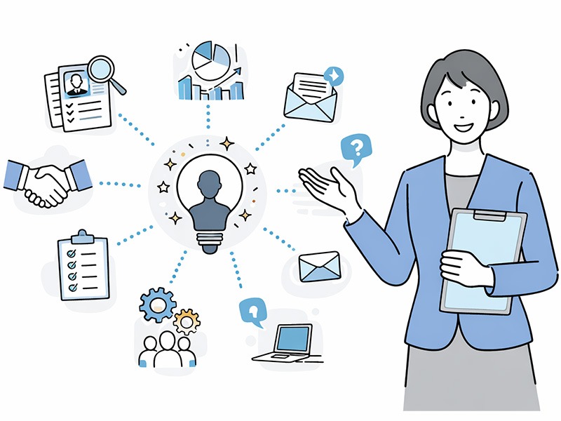 採用ペルソナを中心に、求人票・スカウト文面・面接基準の一貫性を整理するターゲット設定フレームワークを表したイラスト