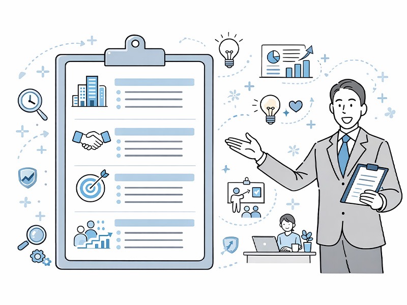 採用ピッチ資料に載せるべき主要項目を整理したイメージ。事業内容や価値観、役割期待、働く環境などを体系的に示している。