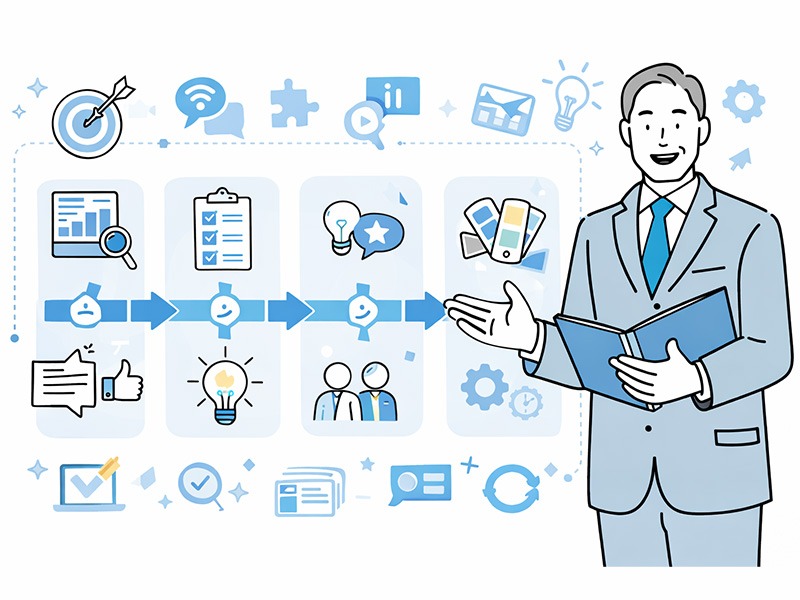 採用ピッチ資料の作成方法と設計手順を工程別に整理したイメージ。事業理解から構成設計、メッセージ作成、改善までの流れを示している。