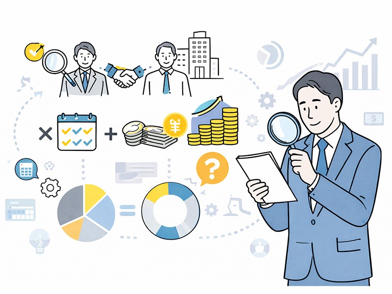 人材紹介業の売上構造を分解し、決定数×報酬単価を軸にKPI設計と収益改善の考え方を可視化したイメージイラスト