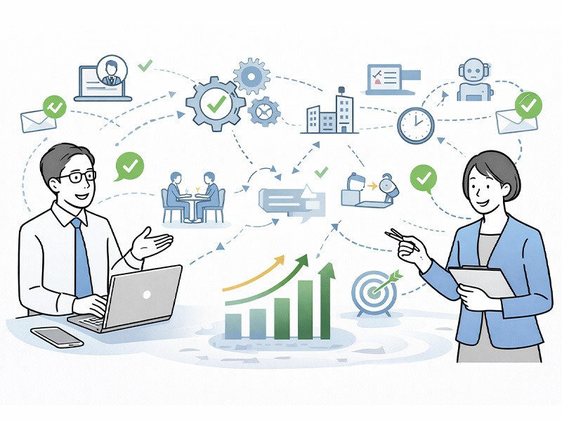 人材紹介・有料職業紹介事業において業務フローを工程ごとに見直し、少人数体制でも実践できる業務効率化と仕組み化の方法を示したイメージイラスト