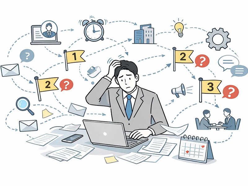 少人数で運営する人材紹介・有料職業紹介事業において、業務フローの優先順位が曖昧になり課題が発生しやすい構造を整理したイメージイラスト