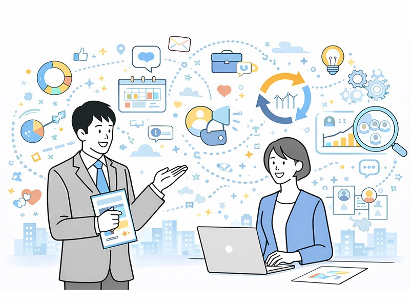 SNS採用を成功させるための運用ポイントを表現したイラスト。ターゲット設計や継続運用、データ分析による改善などソーシャルリクルーティングの実務要点を示す採用支援イメージ