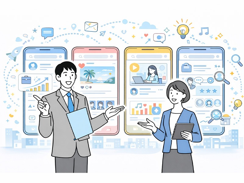 SNS採用における媒体別の成功事例を示すイラスト。SNSごとの特性を踏まえた採用手法やソーシャルリクルーティングの活用ポイントを整理した採用支援イメージ