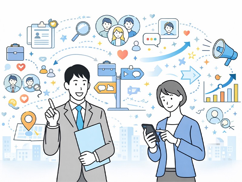 SNS採用が注目される理由を解説するイラスト。潜在層へのアプローチや認知形成などソーシャルリクルーティングの特徴を表現した採用支援イメージ