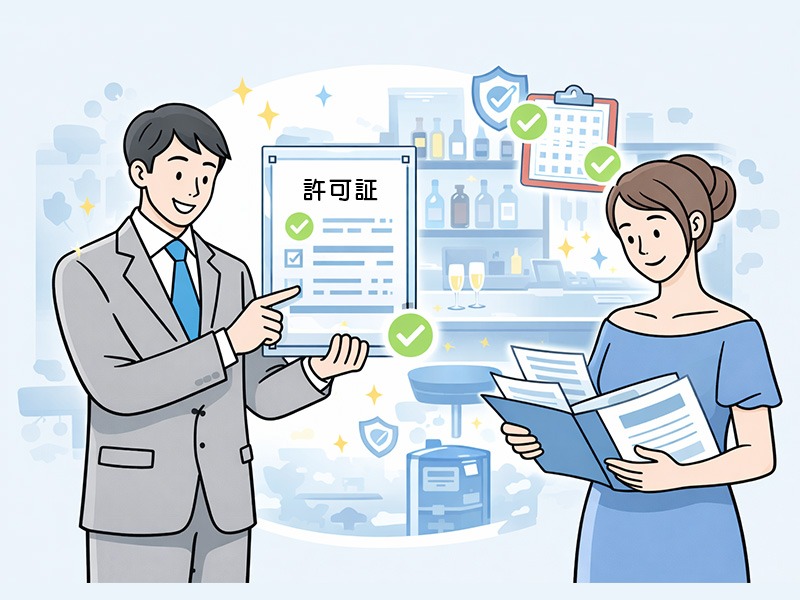 体入ドットコムの掲載審査でOPEN後店舗の営業許可証や提出書類を確認するナイトワーク店長のイメージ