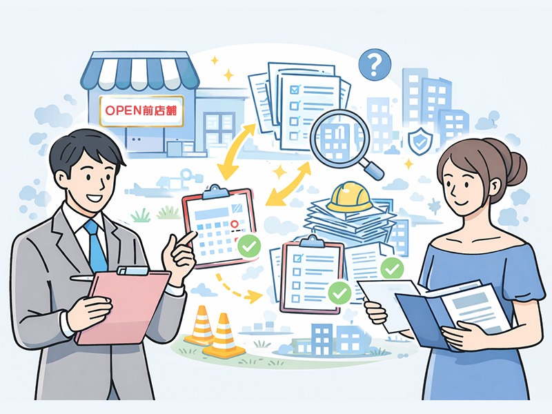 体入ドットコムの掲載審査でOPEN前店舗の書類や業態説明を確認するナイトワーク店長のイメージ