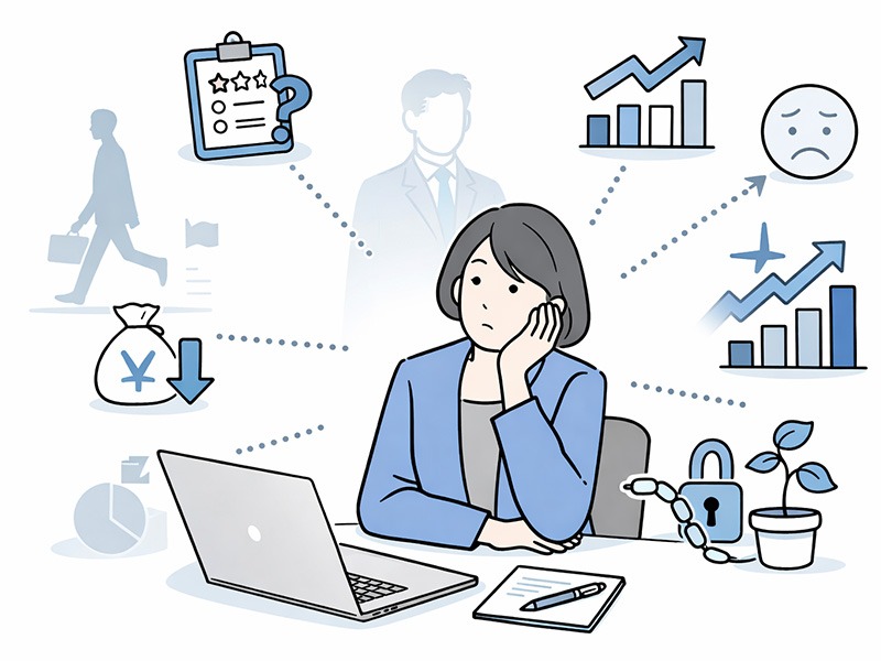 優秀な人材が突然辞める理由を表したイメージ。評価のされ方や裁量不足、成長実感の欠如など会社の特徴が背景にあり、表面化しにくい離職要因を示しているイラスト。