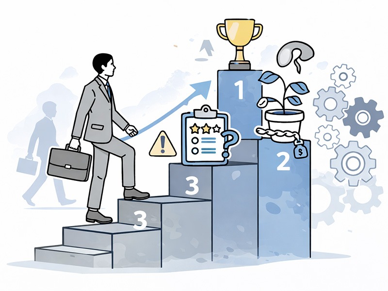 優秀な人材が突然辞める理由をランキング形式で整理したイメージ。評価・裁量・成長実感の欠如など、会社が見落としやすい離職要因が段階的に積み重なる構造を表している。