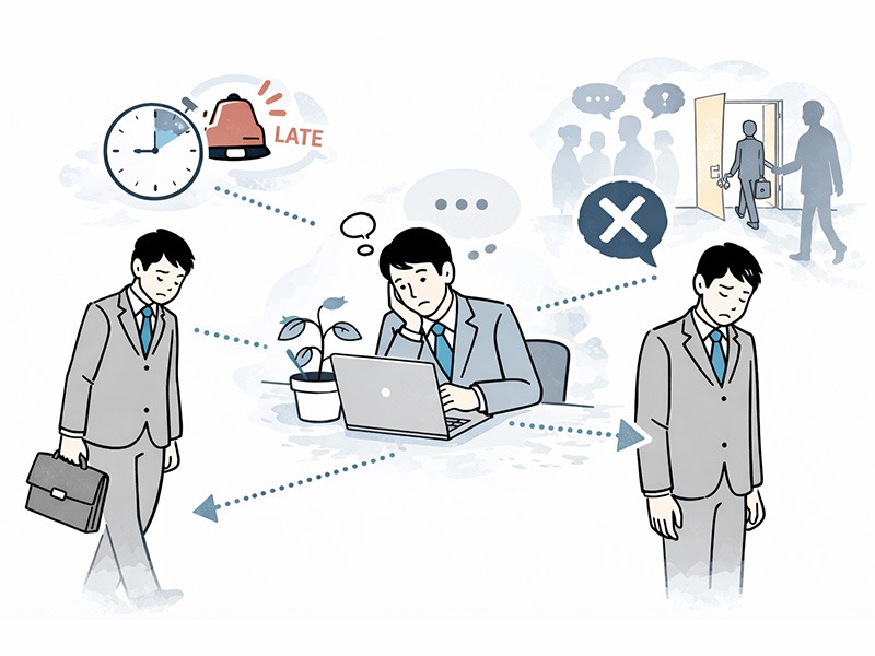 優秀な人材が辞める前に見られる前兆を表したイメージ。発言量の変化や関与度の低下など、表面化しにくい離職サインを会社が見逃してしまう構造を示している。