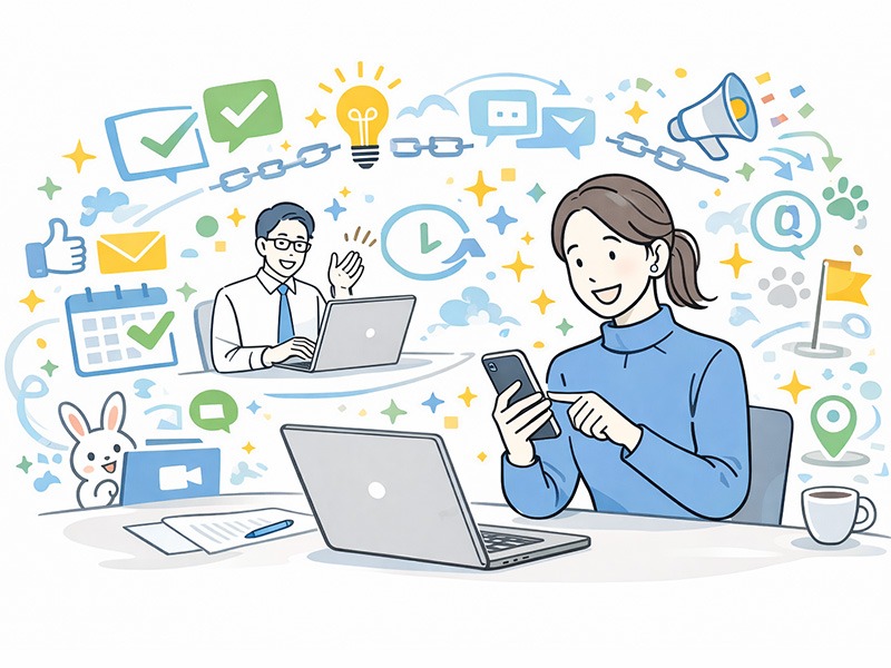 応募体験や参加率を改善するユニーク採用方法として、スマートフォンやオンラインで気軽に応募する様子を表したイラスト