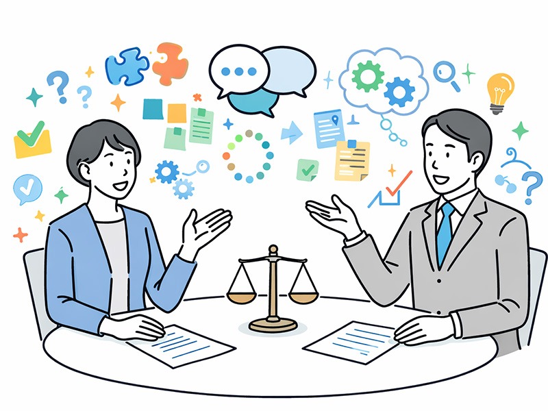 思考力や対話力を評価するユニーク採用方法として、応募者同士が議論し考えを深める様子を表したイラスト