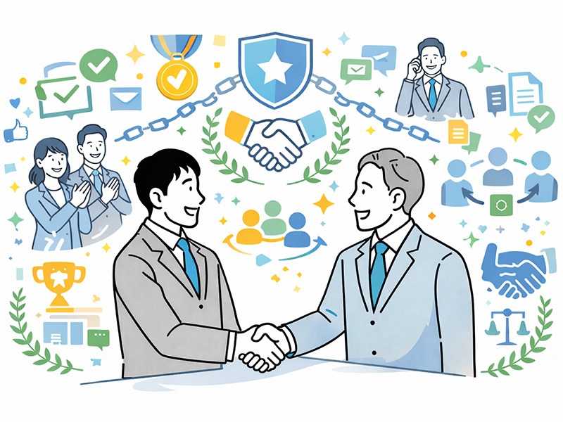 関係性や信頼性を評価するユニーク採用方法として、応募者同士が自然に握手し信頼関係を築く様子を表したイラスト