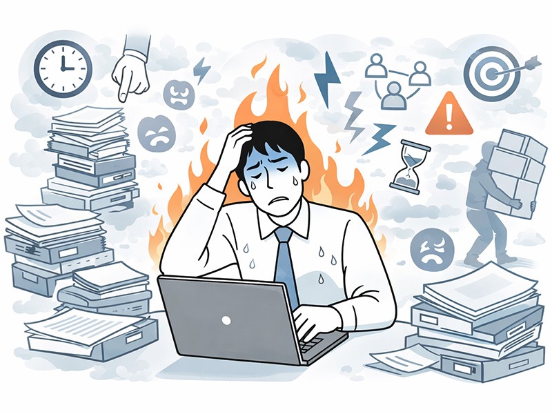 業務負荷が高すぎる社員のモチベーションの上げ方を表したイラスト。業務量の偏りや役割分担の不均衡により、消耗感が強まっている状態を可視化している。