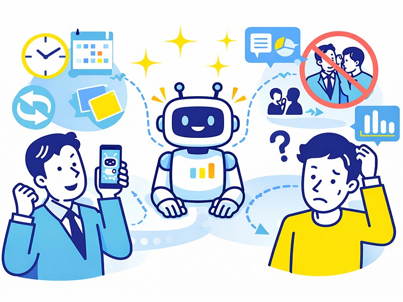 AI面接練習のメリットと注意点を表現したイラスト。時間や場所を選ばず練習できる利点と、AI依存による限界を示す構図。