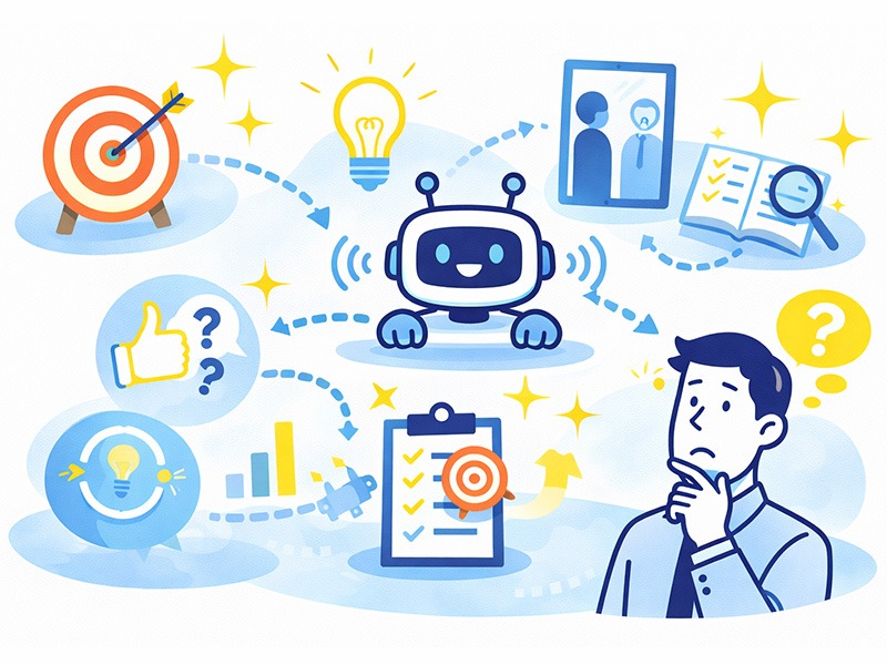 AI面接練習を効果的にするコツを示したイラスト。目的設定や振り返り、改善ポイントを整理しながら練習を進める様子を表現。